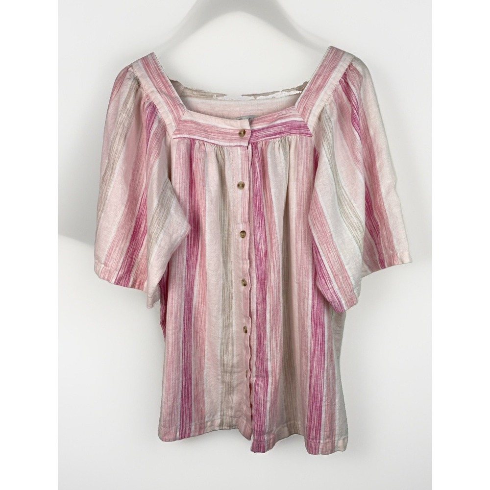 Caffe Marrakesh Women's L Pink White Striped Linen Blend Button Up Peasant Top